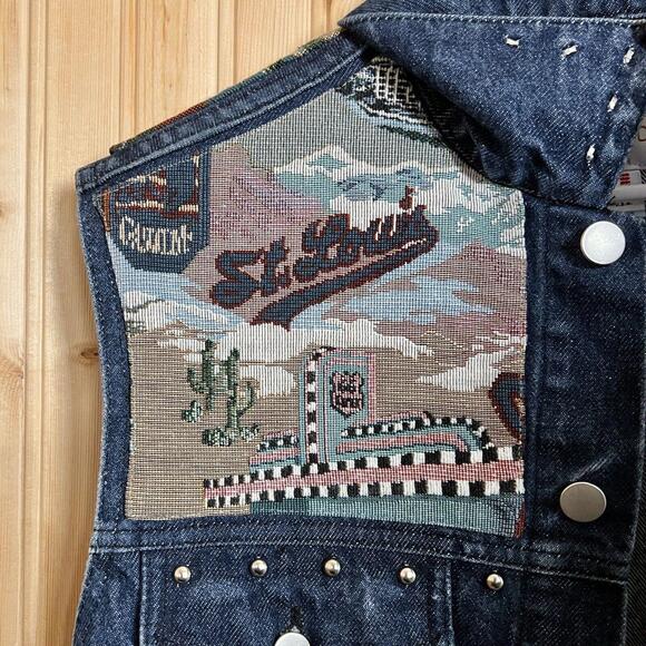 VTG Sundance Vest Denim Needlepoint Route 66 Get Your Kicks Hollywood USA Sz M - Picture 5 of 15